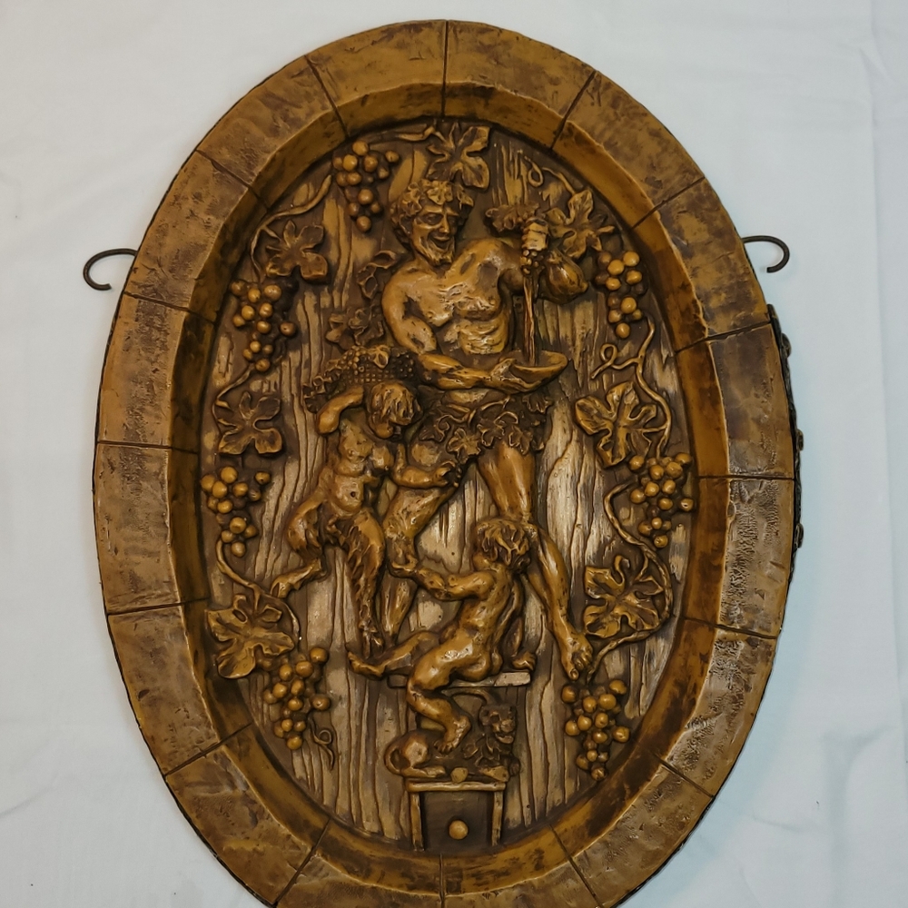Antique 14 Inch Hand Carved Wax Plaque Man Grapevine Child Beast Child Rare HTF